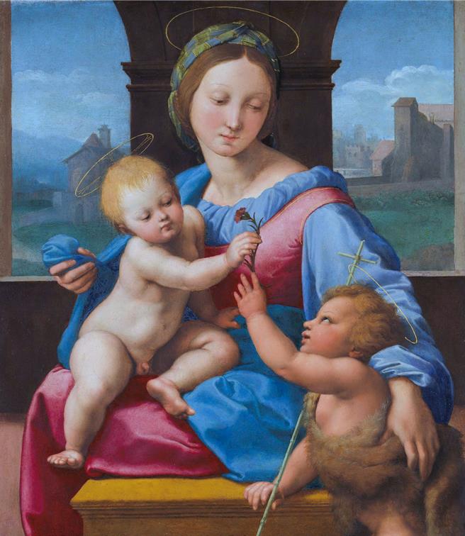文艺復兴3杰之一的拉斐尔（1483–1520）作品8〈圣母子与施洗者约翰〉（阿尔瓦圣母），约1510–1511创作。（图片版权：英国国家艺廊）