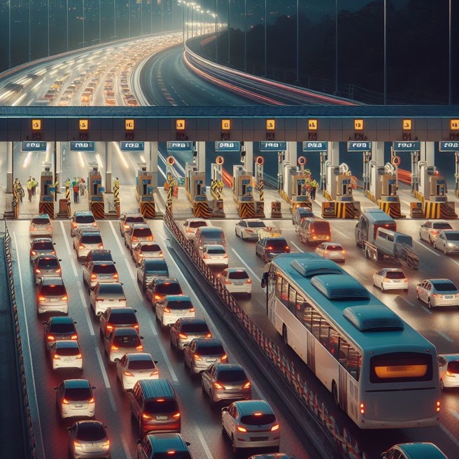 因為錯過免付費時段，千輛車子卡在高速收費站前，大家都不願意通過。（AI生成圖）