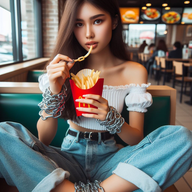 速食店惊见女子双脚遭铁炼綑绑。（图／AI生成）