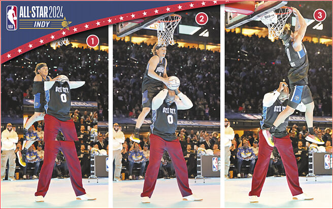 1.麥克隆從歐尼爾的後面跳起準備灌籃。2.麥克隆升空抓起歐尼爾頭上的球。3.麥克隆飛越歐尼爾之後，轉身雙手把球倒灌入網。（路透）