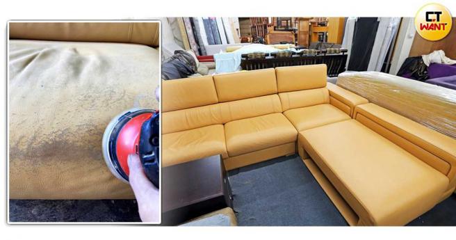 吴老板擅长将斑驳破烂的沙发修復如新，让丢在路边的垃圾「华丽转身」，巧手犹如家具魔法师。（图／读者提供，CTWANT合成）