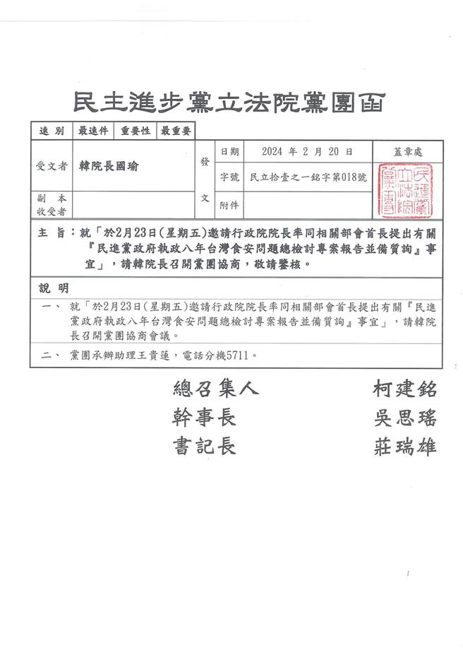 民进党同时另提一案，请韩院长召开朝野协商，就食安专报于2月23日星期五举行，本案并于院会宣告。（摘自柯建铭粉丝专页）