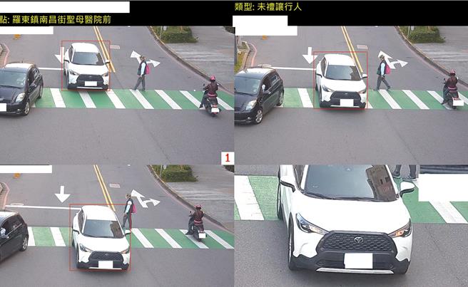 取缔项目包含「闯红灯」、「违规停车」及「车辆未停让行人」等违规行为。（警方提供／吴佩蓉宜兰传真）