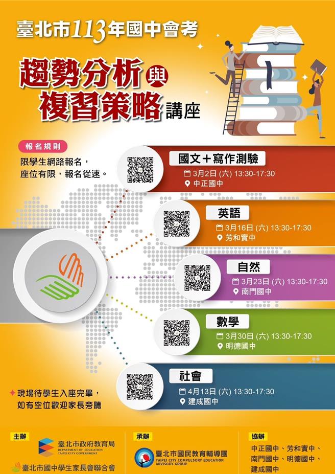 国中教育会考5月登场，台北市教育局举办「113年国中教育会考趋势分析与复习策略讲座」，规画国文及写作测验、英语、自然、数学、社会共5场测验讲座。（台北市教育局提供／蔡佩珈台北传真）