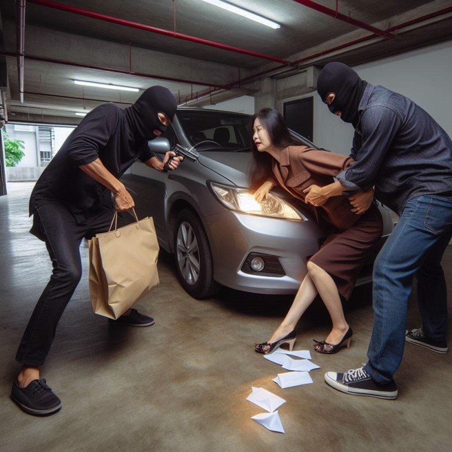 女子遭抢匪埋伏抢走包包，女子开车追上撞死其中一名抢匪，法院宣判正当防卫。（AI生成图）