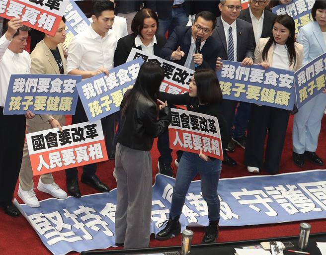 立法院20日开议，在行政院长陈建仁施政报告前，国民党团举标语杯葛，并与民进党立委们互呛，过程中，民进党立委黄捷（前左）试图抢国民党立委罗智强的麦克风，而国民党立委徐巧芯（前右）则出手制止黄捷。（刘宗龙摄）