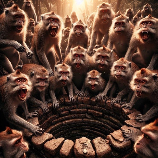 印度一对年轻姊妹，在庭院被野生猴群攻击，追逐不慎跌落枯井，遭围攻酿1死1命危。（AI生成图）