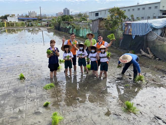台中市大里区农会20日在草湖市民农园旁的食农教育体验园区举办「作伙种稻作业」活动。（大里农会提供／冯惠宜台中传真）