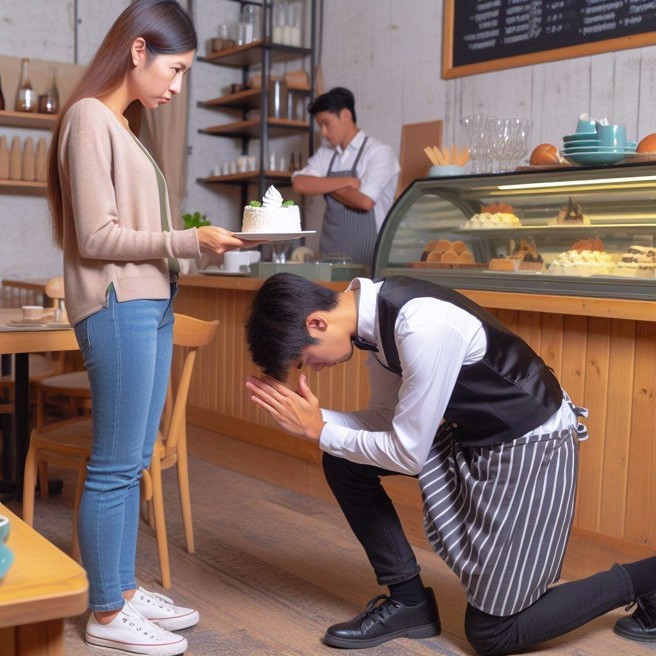 一名大媽不滿櫃位上沒人服務，大聲怒斥趕回來的服務員，不道歉就投訴。（AI 生成圖）