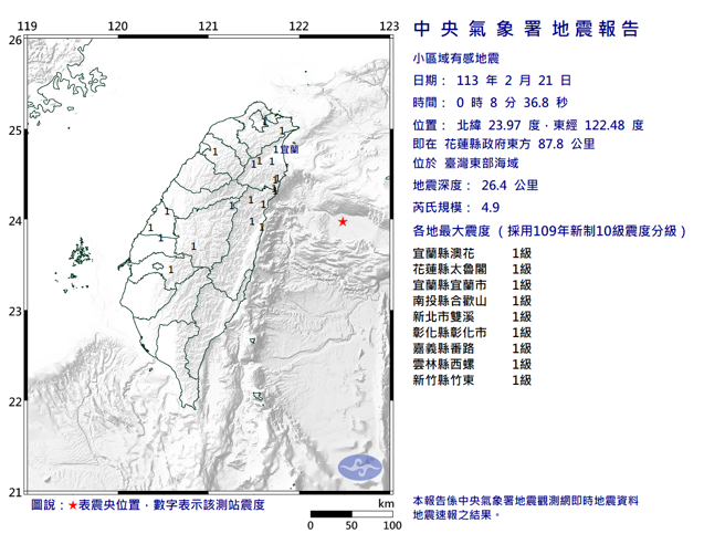 00：08东部海域规模4.9极浅层地震。（图取自气象署网页）
