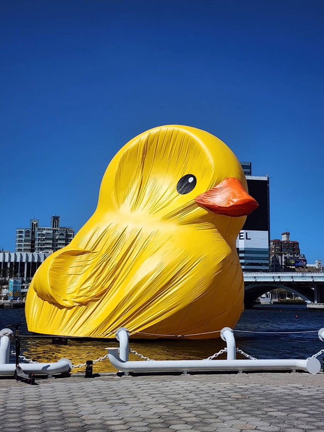 位于爱河湾的黄色小鸭，其中一只今早「漏气」了。（图／邱俊宪议员提供）