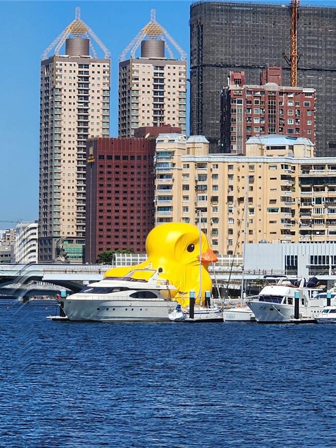 今（21）日疑似高雄瞬間風力過大，造成黃色小鴨位移，甚至出現「消風」狀況，引發民眾熱議。（邱俊憲提供）