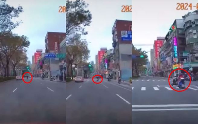 有骑士日前行经新北市板桥区中山路二段与中山路二段505巷路口时，在路口突跨3车道「待转」，惨遭追撞倒地。（图／翻摄自脸书爆废公社二馆）