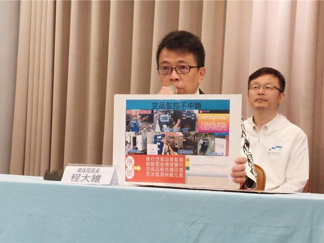 新北市环保局长程大维（前）表示，为强化跨域通报机制，将主动邀集基北北桃一同检讨「跨域空污及异味通报机制」。（陈慰慈摄）