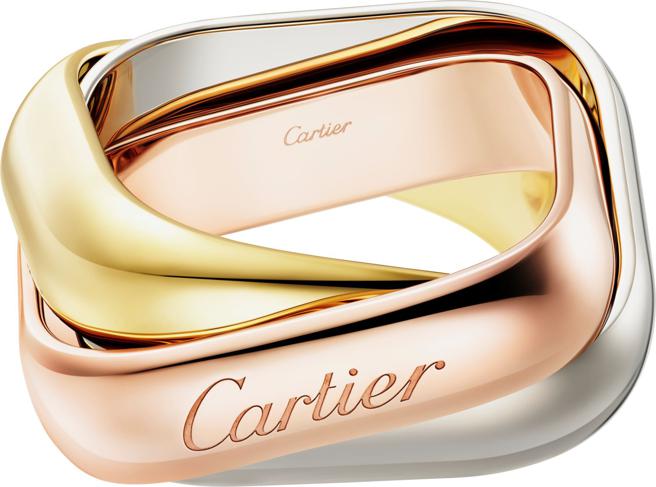 卡地亚Trinity三环戒指，大枕形款，12万3000元。（Cartier提供）