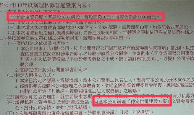 國民黨立委王鴻薇23日在臉書爆料，接獲多對台電股東抗議，今天下午2點，台電要召開臨時股東會辦理增資，全數由經濟部認購，總共增資1000億。（摘自王鴻薇臉書）