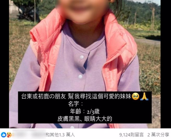 台東縣卑南鄉初鹿村1名女童日前失蹤，台東民眾相當憂心。（翻攝自臉書就是愛台東／蔡旻妤台東傳真）