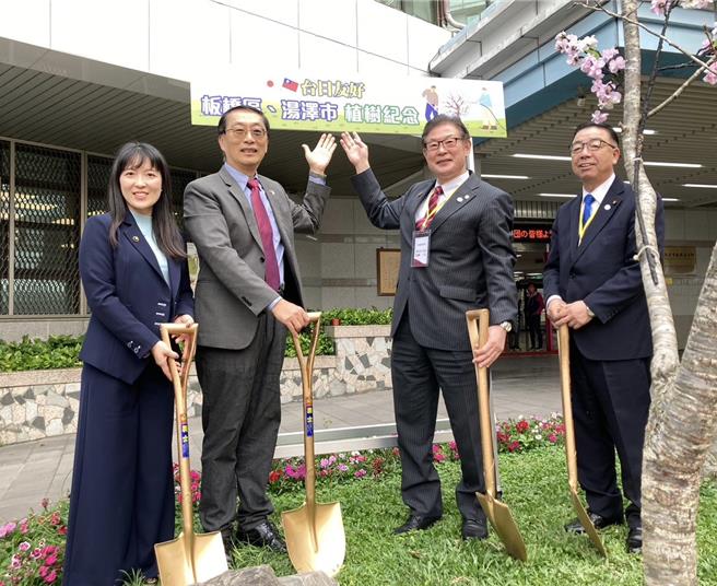 板桥区议员山田摩衣（左起)、板桥区长陈奇正、汤泽市长佐藤一夫及议长高桥肇一起种下樱花树。（板桥区公所提供）