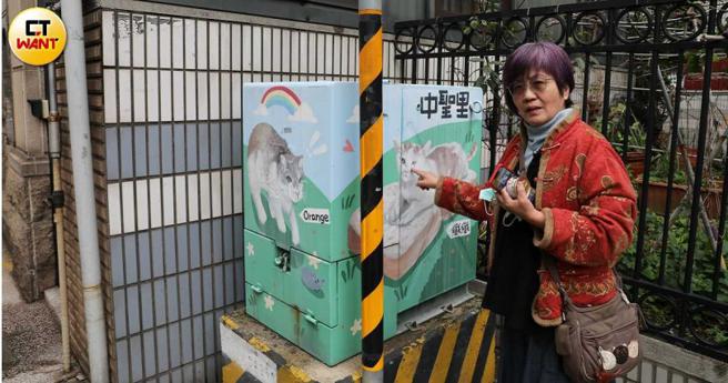 社区随处可见彩绘变电箱，可爱的猫插画让社区更显朝气。（图／刘耿豪摄）