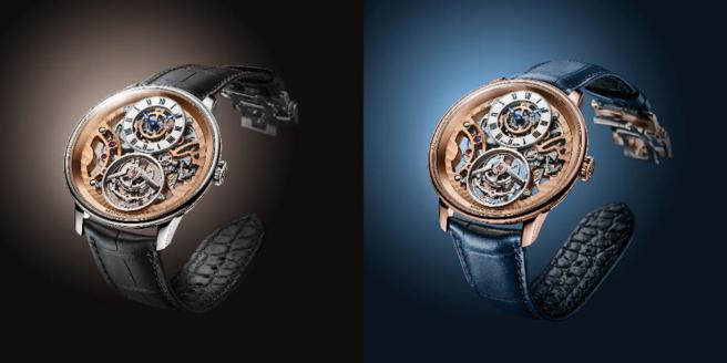 亞諾表Ultrathin Tourbillon Skeleton超薄陀飛輪鏤空腕表，紅金款和鉑金款各限量28只。（Arnold & Son提供）