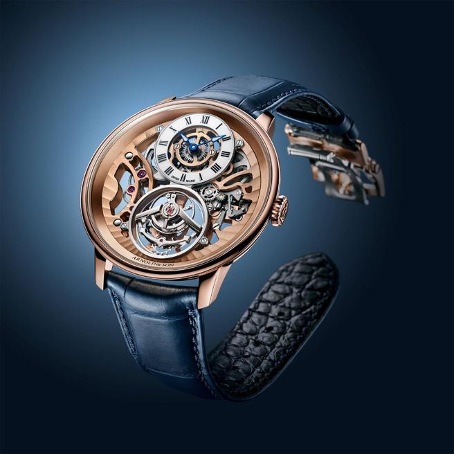 亞諾表Ultrathin Tourbillon Skeleton超薄陀飛輪鏤空腕表，紅金款280萬元，限量28只。（Arnold & Son提供）
