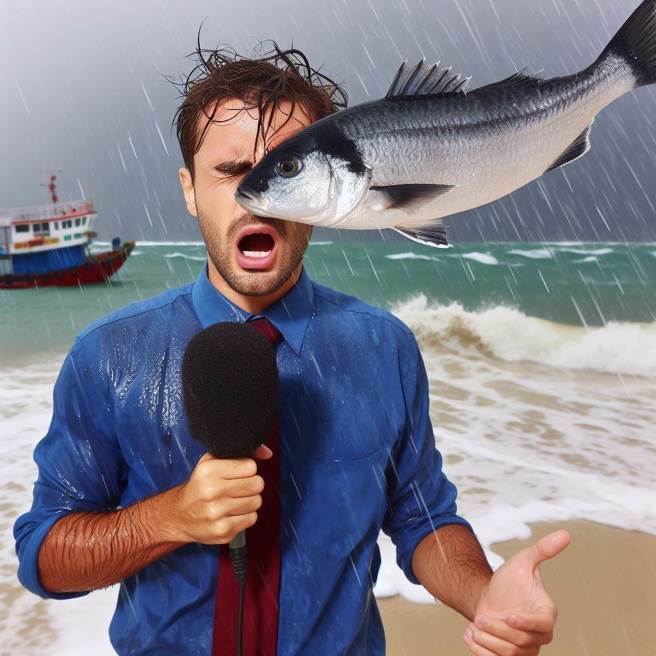 挪威一名男记者在海边连线播报风暴来袭，突然被一条飞鱼击中打脸。（AI生成图）