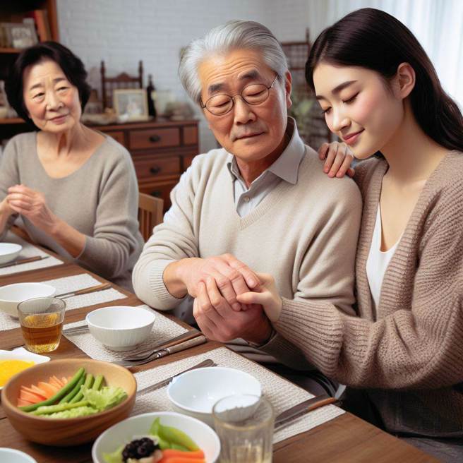 女子參加男友家庭聚餐，卻被男友的爺爺狂吃豆腐。（AI生成圖）