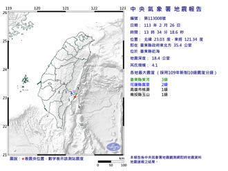 又地震！13：34台東近海規模4.1地震 最大震度3級