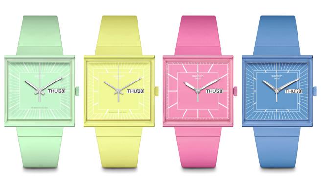 SWATCH全新登场的BIOCERAMIC WHAT IF？系列方型表有四种顏色，3450元。（SWATCH提供)