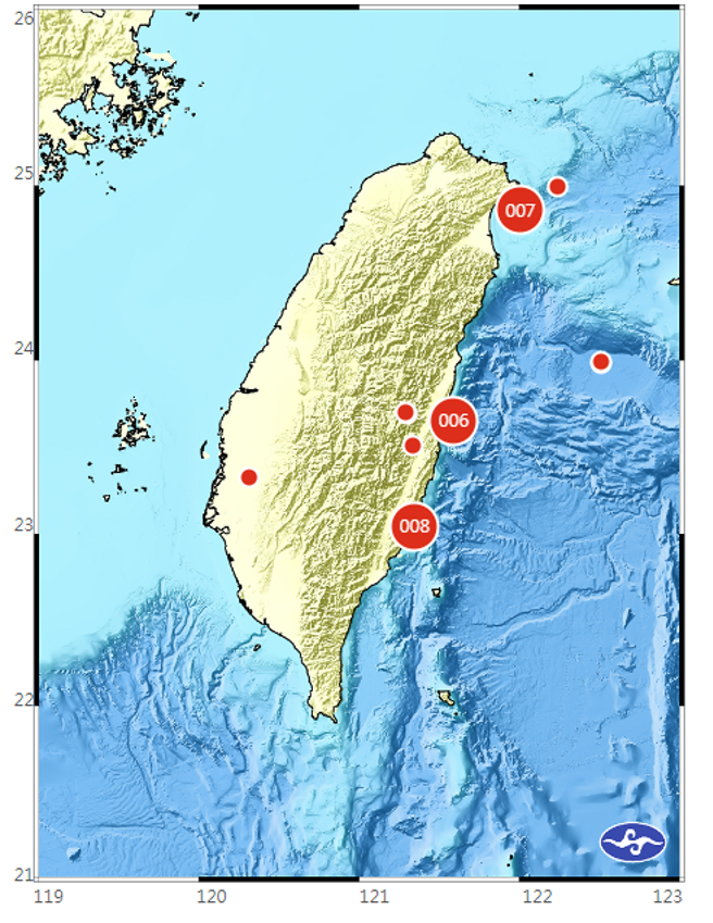 從昨晚開始東部連2震。(翻攝自氣象署)