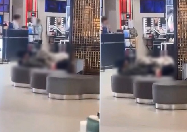 网友在百货公司拍到一对年轻男女在沙发区，做出奇怪的举动。（翻摄爆料公社二社）