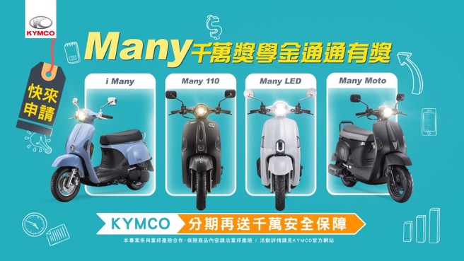 光陽KYMCO瞄準開學商機、鎖定大學生族群，針對年輕人超愛的「Many」全車系，放送「千萬獎學金」，最多可爽領11,000！（圖片提供/ 光陽KYMCO）
