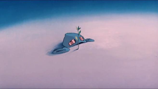 《風之谷》女主角娜烏西卡飛行帽與一株萌芽植物，具象徵意義。（畫面擷自《風之谷》）