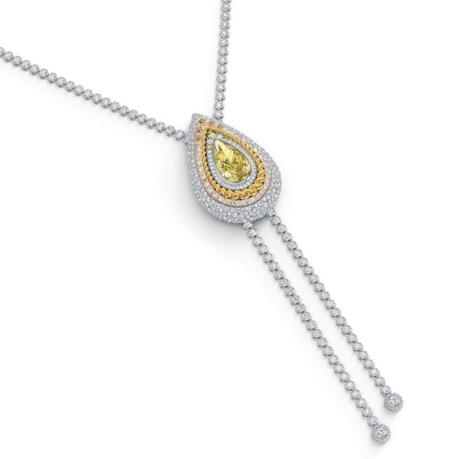 De Beers的Metamorphosis系列 Prelude胸针项炼，主石黄钻10.05克拉。（De Beers提供）