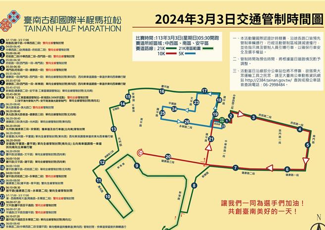 2024台南古都国际半程马拉松将在3月3日登场，当天交通管制路段涵盖中西区、南区及安平区。（台南市政府提供／曹婷婷台南传真）