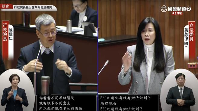 国民党立委万美玲（右）27日质询行政院长陈建仁（左）。（摘自国会频道）