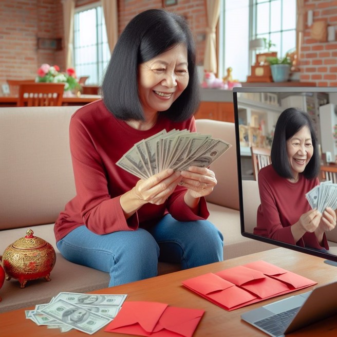 一位女子查看家中监视器，发现妈妈拿出他的红包在数钱。（AI生成图）