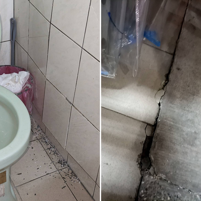 附近店家的廁所磚塊直接裂開，墻上的磁磚剝落一地，就連地板的磚塊也出現裂縫。（圖 / 民眾提供）