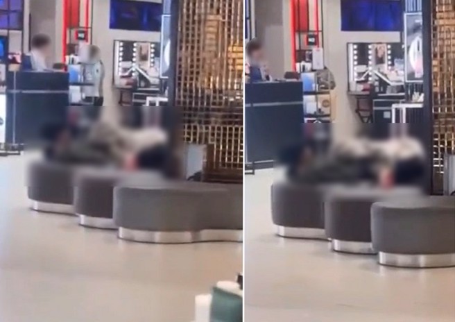 网友在百货公司拍到一对年轻男女在沙发区，做出奇怪的举动。（翻摄爆料公社二社）