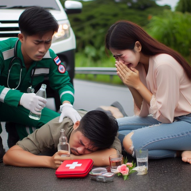 一对夫妻在路边饮酒，只因为丈夫触摸下体太用力，遭妻子用刀子刺伤。（AI生成图）