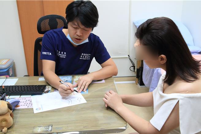 彰化縣員榮醫療體系胃食道逆流中心主任醫師吳文傑（左）為患者解說病情。（員榮醫院提供／孫英哲彰化傳真）