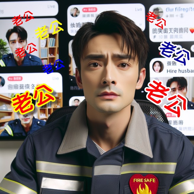 大陆一名帅气的消防队员当上直播主，向民眾宣导防火逃生观念，被女网友洗版狂叫老公。（AI生成图）