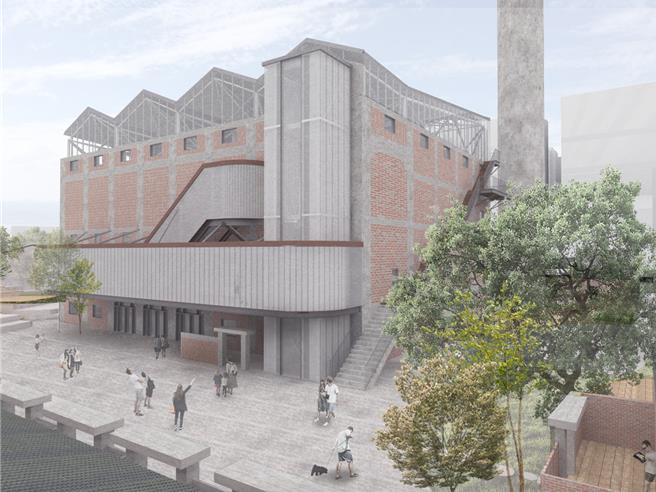 歷史建築日本海軍第六燃料廠新竹支廠第3期修復再利用工程順利決標，預計今年5月開工、2026年完工。圖為六燃廠房外東側廣場空間模擬圖。（新竹市政府提供／王惠慧新竹傳真）
