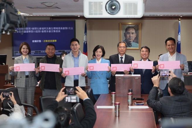 立法院29日举行8个常设委员会召委选举，社会福利及卫生环境委员会由国民党立委王育敏（中）当选为召委；图为国民党团投票时集体亮票，象徵党团同舟共济，团结一心。（郭吉铨摄）