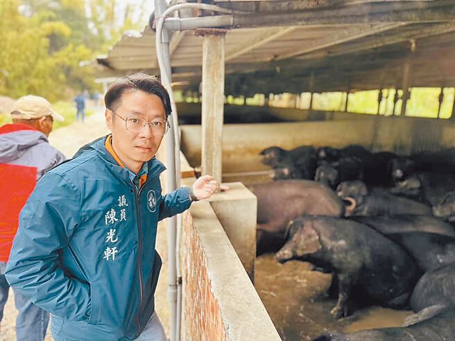苗栗县头份市流东里一处饲养300头猪的养猪场，长期违法排放猪粪废水，污染邻近灌溉水源，县议员陈光轩（前）会同县府到场稽查。（议员陈光轩提供／李京升苗栗传真）