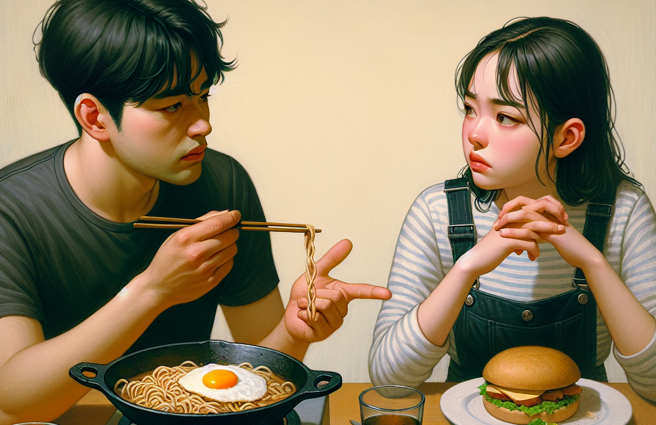 男子因为将半熟蛋搅伴在铁板缅里享用，竟然女友就怒提分手。（AI生成图）