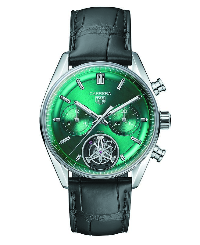 泰格豪雅Carrera陀飛輪計時腕表，湖水綠款，79萬800元。（TAG Heuer提供）