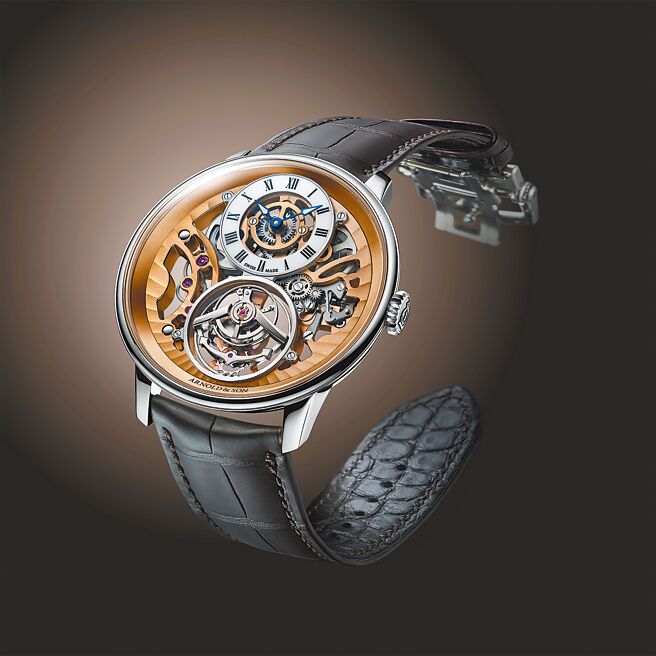 亞諾表Ultrathin Tourbillon Skeleton超薄陀飛輪鏤空腕表，鉑金款320萬元，限量28只。（Arnold & Son提供）