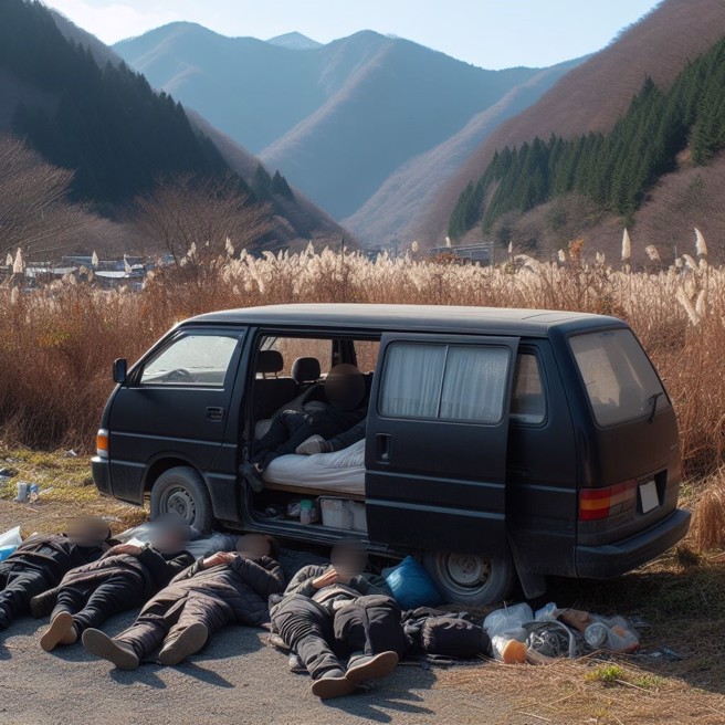 日本山区惊见一辆厢型车内有1大4小的尸体，警方调查初步排除他杀。（AI生成图）