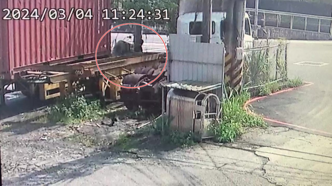 貨運公司內除草中46歲阮姓員工遭貨櫃車脫落輪胎砸中慘死。（翻攝畫面）